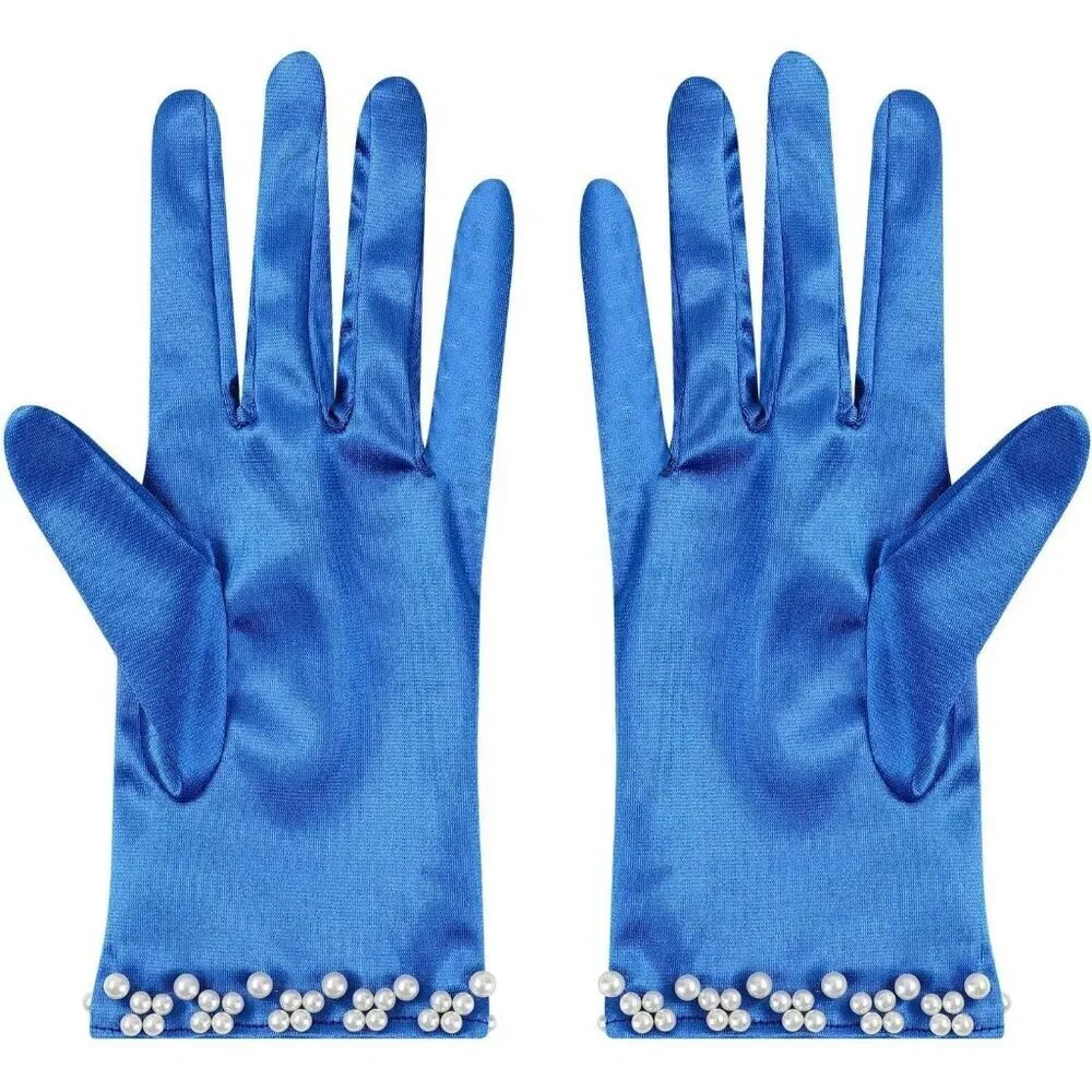 Women's Royal Blue Satin Pearl Short Length Gloves Wedding Banquet Party Prom